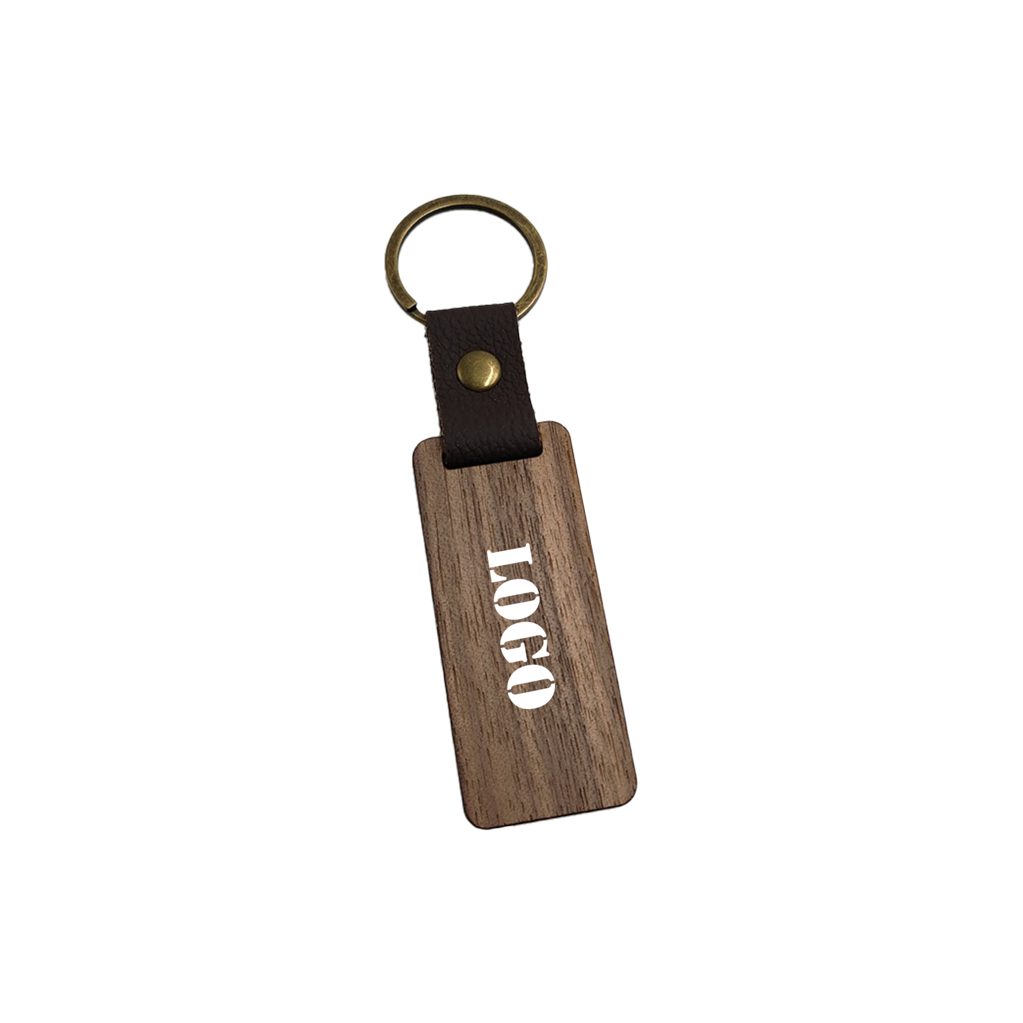 PPDN230-1 PU Leather Walnut Wood Rectangular Keychain - Image 1